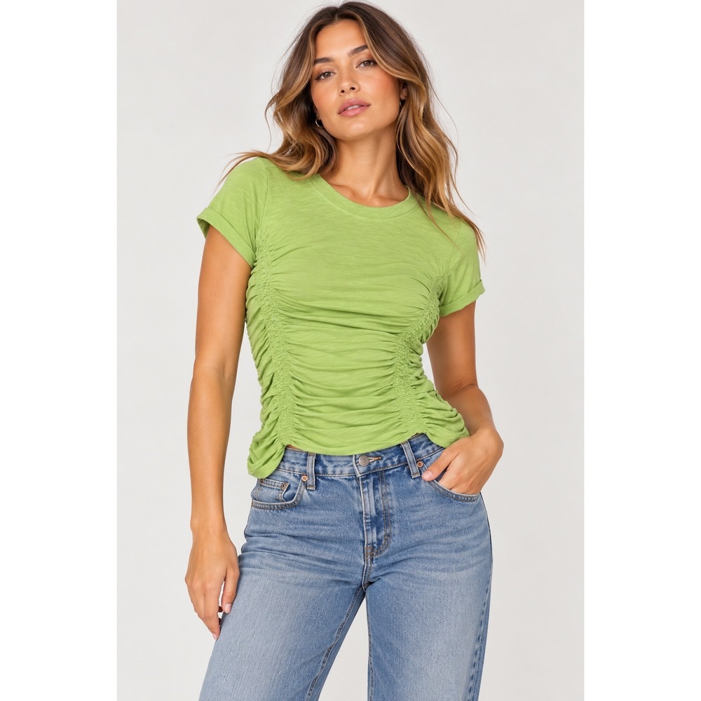 Pilcro Womens Ruched Short Sleeve Tee XXS Green Anthropologie Slub Knit Top NEW